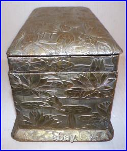 Antique Chinese Lotus Tea Caddy Metal Casket Velvet Lined Waterlily Export Box