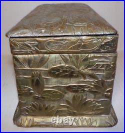 Antique Chinese Lotus Tea Caddy Metal Casket Velvet Lined Waterlily Export Box