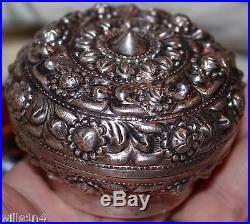 Antique Chinese Malaysian sterling silver round dresser box