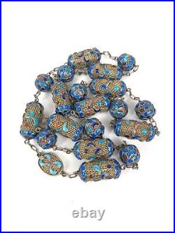 Antique Chinese Mesh Sterling Silver Gilt Enamel Beaded 26 Necklace Early 1900s
