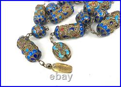 Antique Chinese Mesh Sterling Silver Gilt Enamel Beaded 26 Necklace Early 1900s