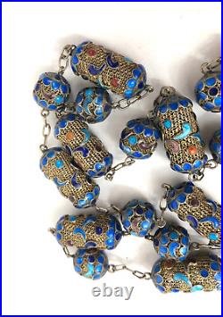 Antique Chinese Mesh Sterling Silver Gilt Enamel Beaded 26 Necklace Early 1900s