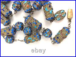 Antique Chinese Mesh Sterling Silver Gilt Enamel Beaded 26 Necklace Early 1900s