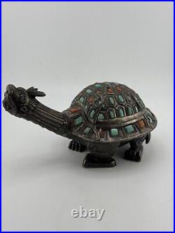 Antique Chinese/Mongolian Tibet Silver, Turquoise & Coral Figural Turtle Box