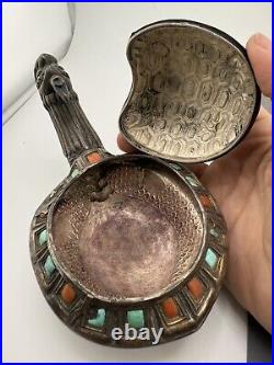 Antique Chinese/Mongolian Tibet Silver, Turquoise & Coral Figural Turtle Box