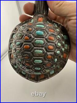 Antique Chinese/Mongolian Tibet Silver, Turquoise & Coral Figural Turtle Box