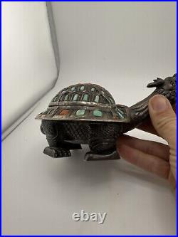 Antique Chinese/Mongolian Tibet Silver, Turquoise & Coral Figural Turtle Box