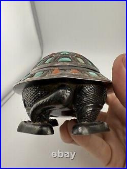 Antique Chinese/Mongolian Tibet Silver, Turquoise & Coral Figural Turtle Box