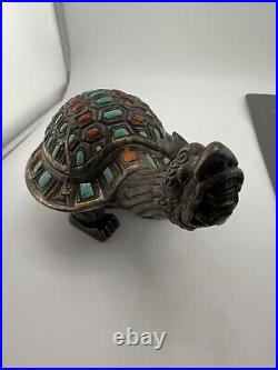 Antique Chinese/Mongolian Tibet Silver, Turquoise & Coral Figural Turtle Box