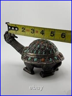 Antique Chinese/Mongolian Tibet Silver, Turquoise & Coral Figural Turtle Box