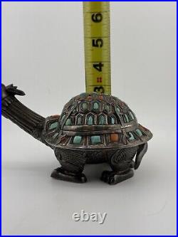 Antique Chinese/Mongolian Tibet Silver, Turquoise & Coral Figural Turtle Box