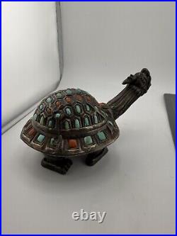 Antique Chinese/Mongolian Tibet Silver, Turquoise & Coral Figural Turtle Box