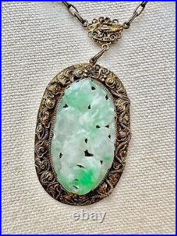Antique Chinese Natural Apple Green Jadeite Silver Vermeil Filigree Necklace