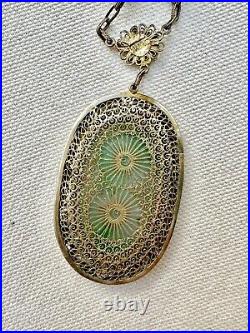 Antique Chinese Natural Apple Green Jadeite Silver Vermeil Filigree Necklace