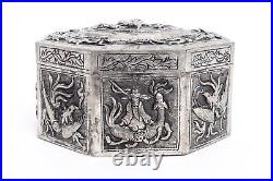 Antique Chinese Octagonal Silver Hinged Trinket Box, Repousse + Carved, 5.5