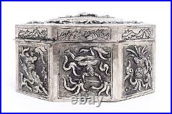 Antique Chinese Octagonal Silver Hinged Trinket Box, Repousse + Carved, 5.5