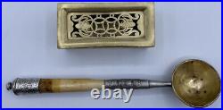 Antique Chinese Opium Accessories Dross Box, Silver Mixing Spoon