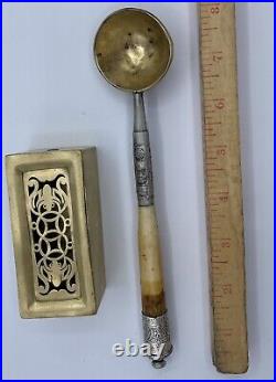 Antique Chinese Opium Accessories Dross Box, Silver Mixing Spoon
