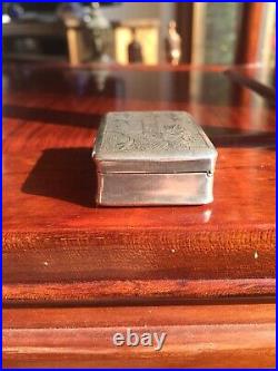 Antique Chinese Or Japanes Style Of Solid Silver Carved Pill Box Snuff Box