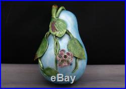 Antique Chinese Pear Shaped Enamel on Copper Lidded Box Applied Leaves & Flower