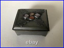 Antique Chinese Pewter Hinged Box With Carnelian & Other Stone Mounts