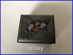 Antique Chinese Pewter Hinged Box With Carnelian & Other Stone Mounts