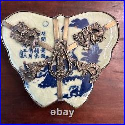Antique Chinese Porcelain Box Celadon Silver Dragon Overlays Butterfly-Shaped
