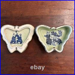 Antique Chinese Porcelain Box Celadon Silver Dragon Overlays Butterfly-Shaped