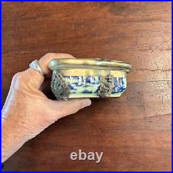 Antique Chinese Porcelain Box Celadon Silver Dragon Overlays Butterfly-Shaped