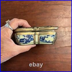 Antique Chinese Porcelain Box Celadon Silver Dragon Overlays Butterfly-Shaped