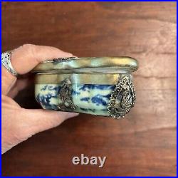 Antique Chinese Porcelain Box Celadon Silver Dragon Overlays Butterfly-Shaped