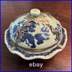 Antique Chinese Porcelain Round Lidded Box Celadon Silver Dragon Overlays