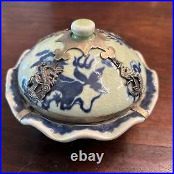 Antique Chinese Porcelain Round Lidded Box Celadon Silver Dragon Overlays