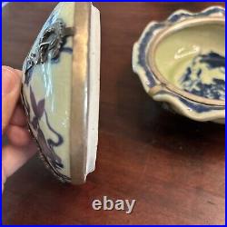 Antique Chinese Porcelain Round Lidded Box Celadon Silver Dragon Overlays