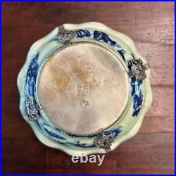 Antique Chinese Porcelain Round Lidded Box Celadon Silver Dragon Overlays