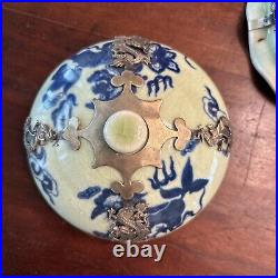 Antique Chinese Porcelain Round Lidded Box Celadon Silver Dragon Overlays