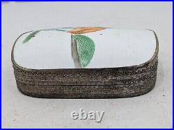 Antique Chinese Porcelain Shard Box Trinket Snuff Box Silver Vintage 6.5 x 4.5