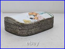 Antique Chinese Porcelain Shard Box Trinket Snuff Box Silver Vintage 6.5 x 4.5