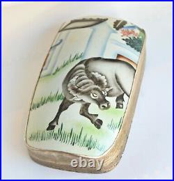 Antique Chinese Porcelain Shard in Silver Plated Box with Unusual Ox in Pasture