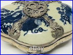 Antique Chinese Porcelain with Sterling Silver Dragon Overlay Box Unique shape