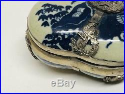 Antique Chinese Porcelain with Sterling Silver Dragon Overlay Box Unique shape
