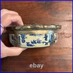 Antique Chinese Porcelain withLid Box Celadon Silver Dragon Overlays Fan-Shaped