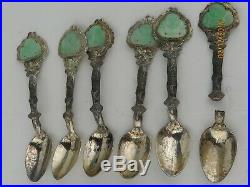 Antique Chinese QING DYNASTY Set of 6 Carved Jade BUDDHA silver spoons in box