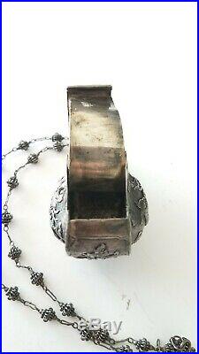 Antique Chinese Qing Dynasty Silver Repousse Heart Locket Hinged Box Necklace