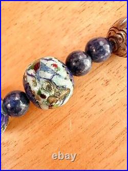 Antique Chinese Qing Enamel Cloisonné Lapis Lazuli Bead Silver Amulet Necklace