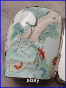 Antique Chinese Qing Famille Rose Crane Artwork Porcelain Silver Box