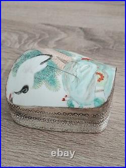 Antique Chinese Qing Famille Rose Crane Artwork Porcelain Silver Box