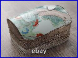 Antique Chinese Qing Famille Rose Crane Artwork Porcelain Silver Box