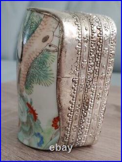 Antique Chinese Qing Famille Rose Crane Artwork Porcelain Silver Box