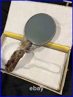 Antique Chinese Repousse Silver Dragon Mirror/Carved Neophrite Jade Handle W Box